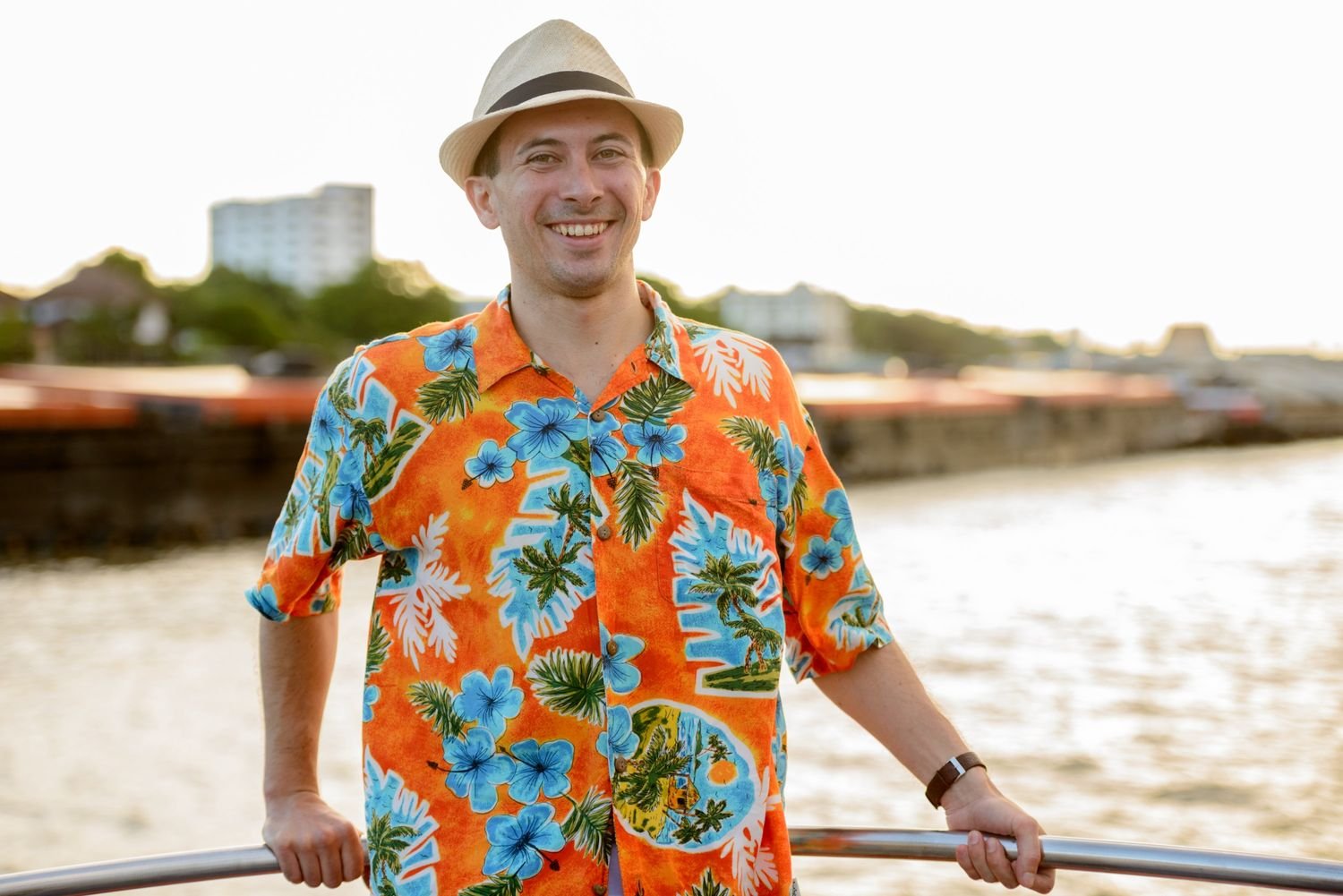 Spain happy young handsome tourist man at pier against v 6hgmvej.jpg